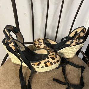 Charles David size 7.5 Cheetah Wedges. Black laces wrap around ankles